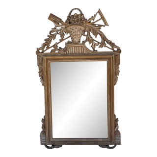 French Style Carved Wood Mantel Mirror With Garden Tools & Basket For Sale
