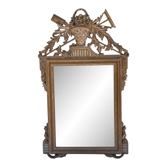 French Style Carved Wood Mantel Mirror With Garden Tools & Basket For Sale