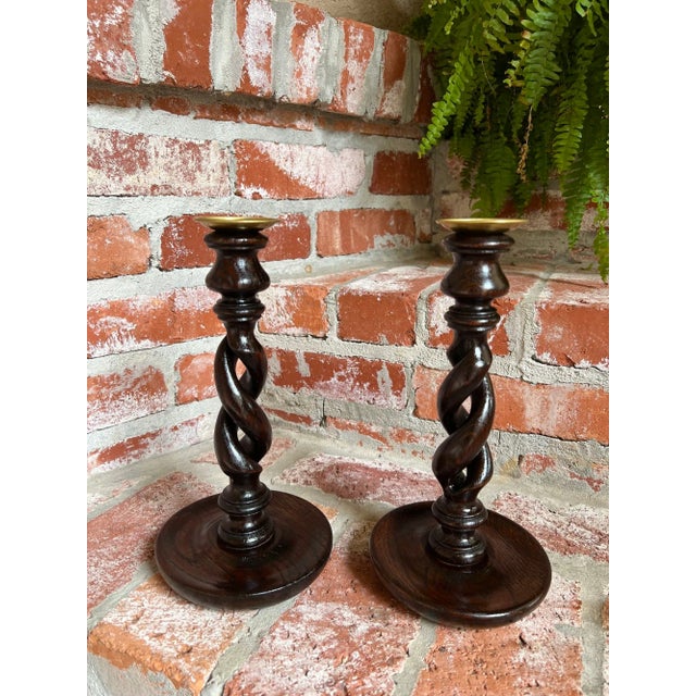 PAIR Set Antique English Oak OPEN Barley Twist Candlesticks Candle Holder Brass Bobeche. Direct from England, a stunning...