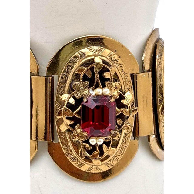 Art Nouveau Mid Century Modwrn Victorian Revival Gold Tone Link Bracelet With Seed Pearls and Synthetic Ruby Very Solid Push Clasp. For Sale - Image 3 of 6