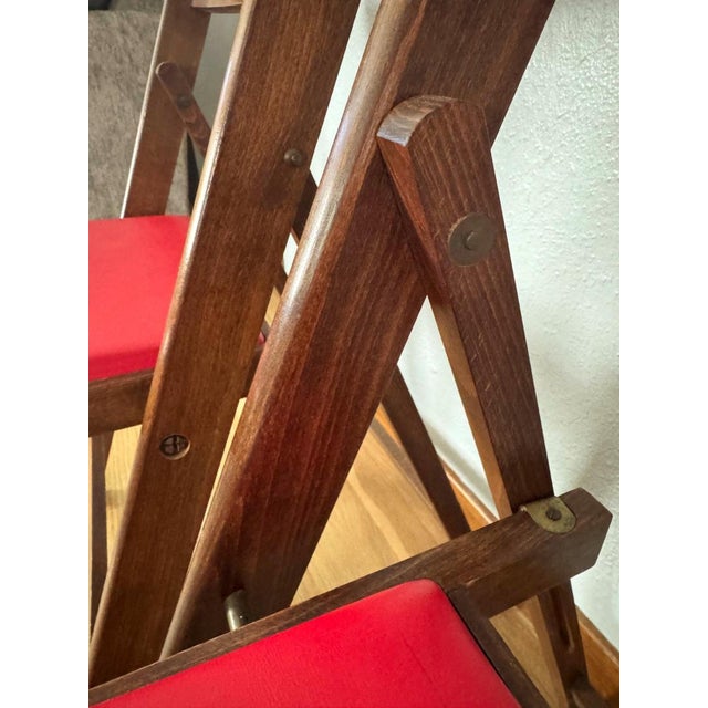 Wood Mid 20th Century Folding Chairs by Nevco Furniture Corp., Red Vinyl & Walnut Finish — Set of 2 For Sale - Image 7 of 11