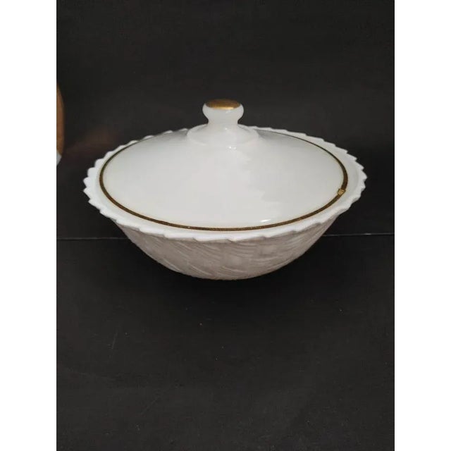 1960s Vintage Indiana Milk Glass White Basketweave Chip & Dip Bowl with Clip & Lid Nos For Sale - Image 5 of 10