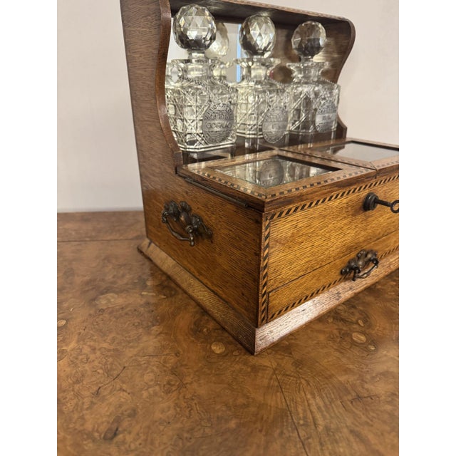 Antique Victorian Oak Marquetry Strung Tantalus, 1880, Set of 6 For Sale - Image 3 of 9