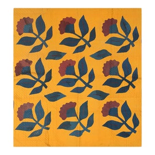 1920s Yellow Floral American Amish Quilt Rug 6' X 6'6" Flatweave Cotton Carpet For Sale