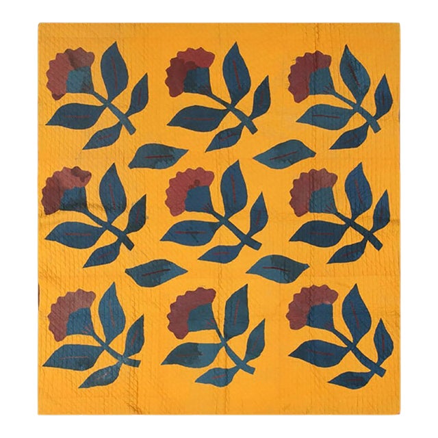 1920s Yellow Floral American Amish Quilt Rug 6' X 6'6" Flatweave Cotton Carpet For Sale