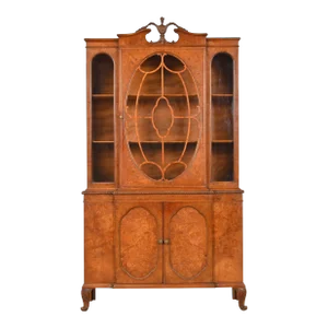 Romweber French Provincial Louis XV Burl Wood Breakfront Bookcase Cabinet, Circa 1920s