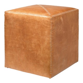 Jamie Young Ottoman in Tan Leather, Small For Sale