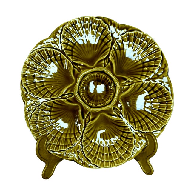 Late 19th Century French Majolica Barbotine Oyster Plate in Green Glaze from Sarreguemines, 1875 For Sale - Image 5 of 5