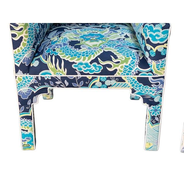 1980s Pair MCM CasaBique Ming Armchairs in Thibaut “Imperial Dragon” For Sale - Image 14 of 18