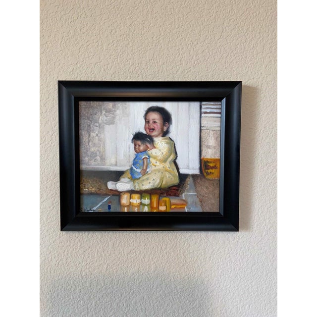 Baby Abby by Matteo Di Ventra | Oil on Paper Portrait of a Smiling Baby with a Doll For Sale