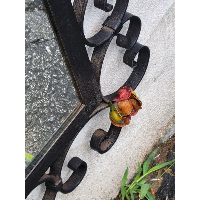 Vintage 1930s American Handmade Wrought Iron Wall Mirror Hand Painted Floral Dec For Sale - Image 10 of 18
