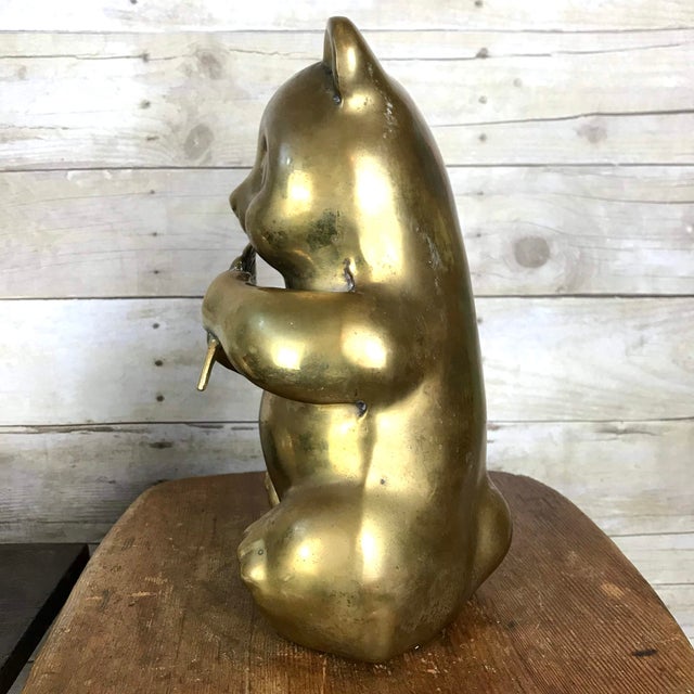 Vintage Mid-Century Brass Panda Bear Eating Bamboo Home Decor Heavy Statue For Sale - Image 4 of 14