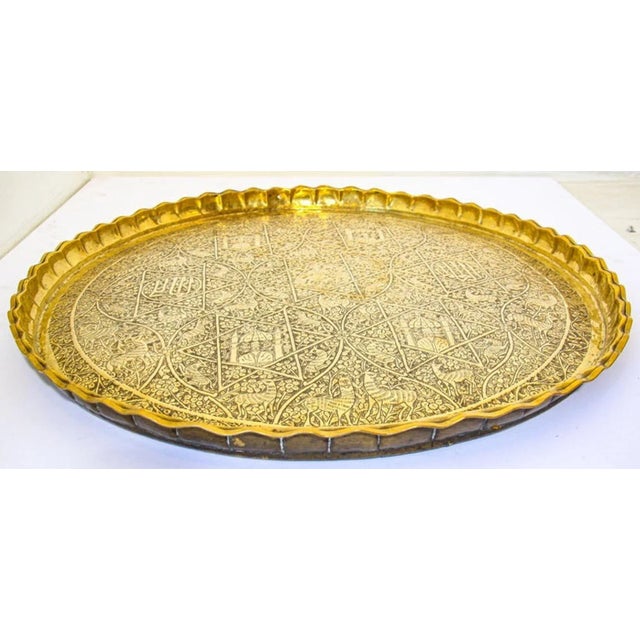 Figurative Large Antique Decorative Indo-Persian Mughal Hammered Brass Tray 19th C. For Sale - Image 3 of 13