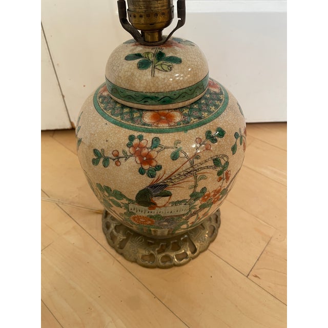 Vintage Chinese Porcelain Ginger Jar Handpainted Bird Floral Motif Table Lamp For Sale - Image 4 of 12