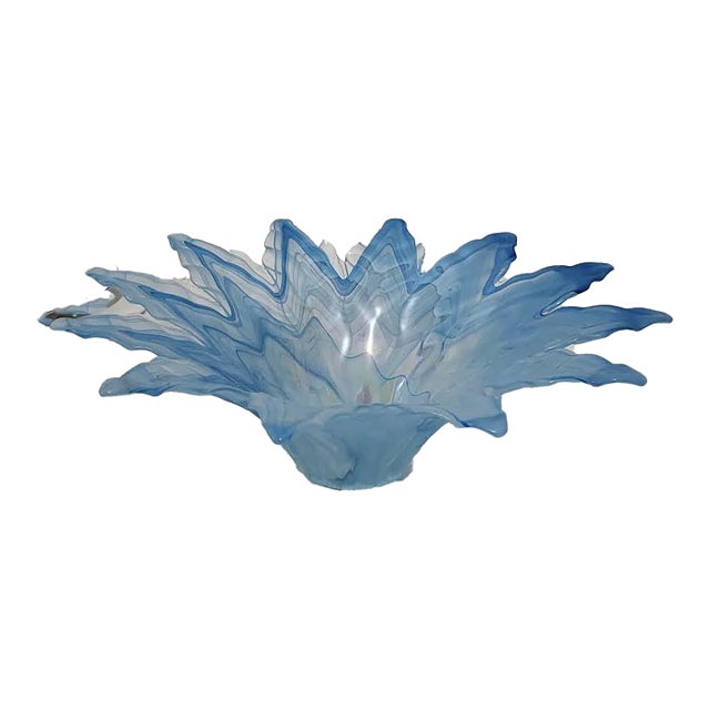 15" Vintage 1970s Lavorazione Arte Murano Powder Blue Splash Centerpiece Bowl For Sale