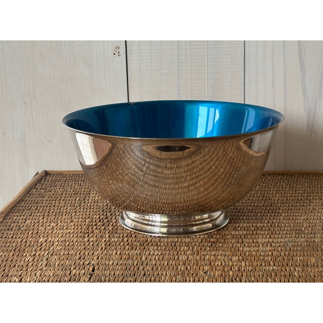 Vintage Revere style "Sons of Liberty" pedestal bowl with a brilliant blue enamel interior from Oneida! This absolutely...