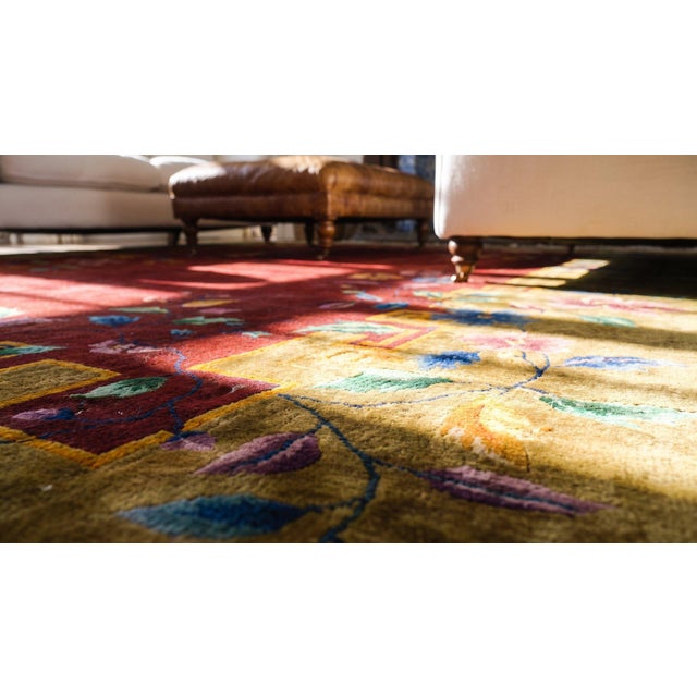 Stunning Colorful Floral Pattern in a Red-Raspebery Ground Color Chinese Art Deco Rug For Sale - Image 12 of 14
