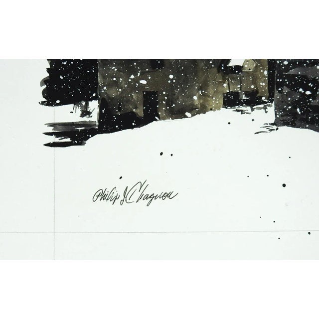 Late 20th century watercolor on artist board painting of farmhouse and barn on snowing winter day by Philip Chagnon (20th...