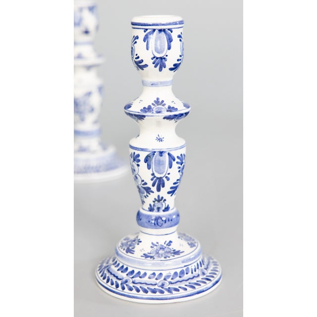Delft Vintage Dutch Delft Faience Floral Candlesticks - a Pair For Sale - Image 4 of 8
