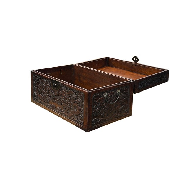 Oriental Dragons Motif Treasure Chest Box Distressed Brown Color Wood For Sale - Image 4 of 12