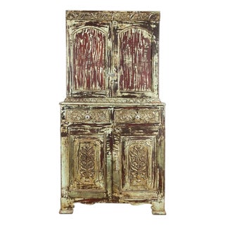 Indian Rustic Painted Wood Cabinet with Carved Foliage & Distressed Patina For Sale