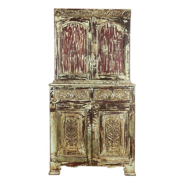 Indian Rustic Painted Wood Cabinet with Carved Foliage & Distressed Patina For Sale