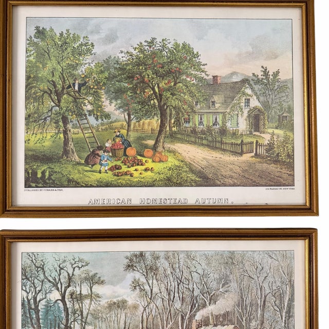 Vintage American Homestead seasonal landscape scenes by Currier & Ives. Each professionally framed in a 1” gold wood...