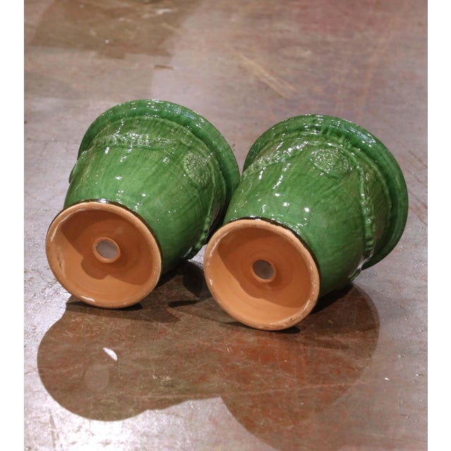 Pair of French Handmade Green Glazed Terracotta Anduze Planters by La Madeleine For Sale - Image 9 of 9