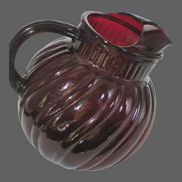 Anchor Hocking Vintage Anchor Hocking Royal Ruby Red Swirl Tilted Ball Pitcher For Sale - Image 4 of 9
