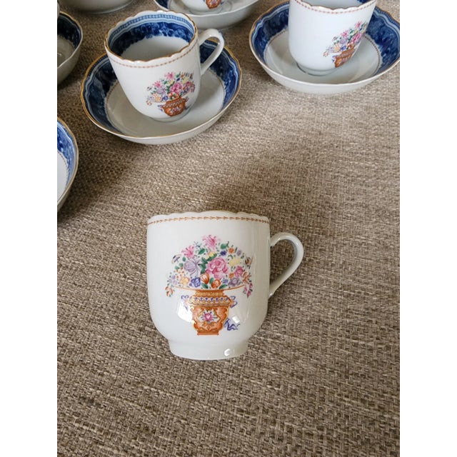 English 1980s Mottahedeh Mandarin Bouquet Tea Cup and Saucers Set- 12 Pieces For Sale - Image 3 of 9