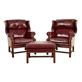 Hancock & Moore Chippendale Wingback Leather Lounge Chairs With Ottoman For Sale
