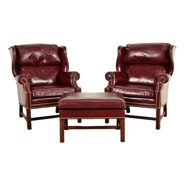 Hancock & Moore Chippendale Wingback Leather Lounge Chairs With Ottoman For Sale
