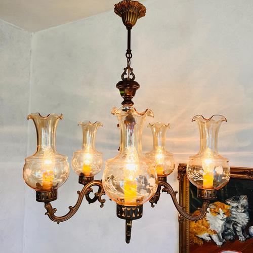Home lighting special chandelier in 5 arms with hurricane glass lampshades. Farmhouse/country/retro style chandelier with...