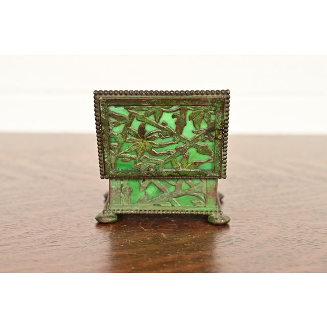 Metal Apollo Studios New York Arts & Crafts Grapevine Pattern Bronze and Slag Glass Stamp Box For Sale - Image 7 of 12
