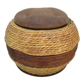 Pulaski Furniture Leather and Rattan Ottoman For Sale