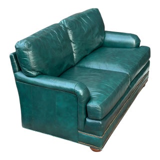 Vintage Green Leather Loveseat With Brass Tack Trim by Hickorycraft For Sale