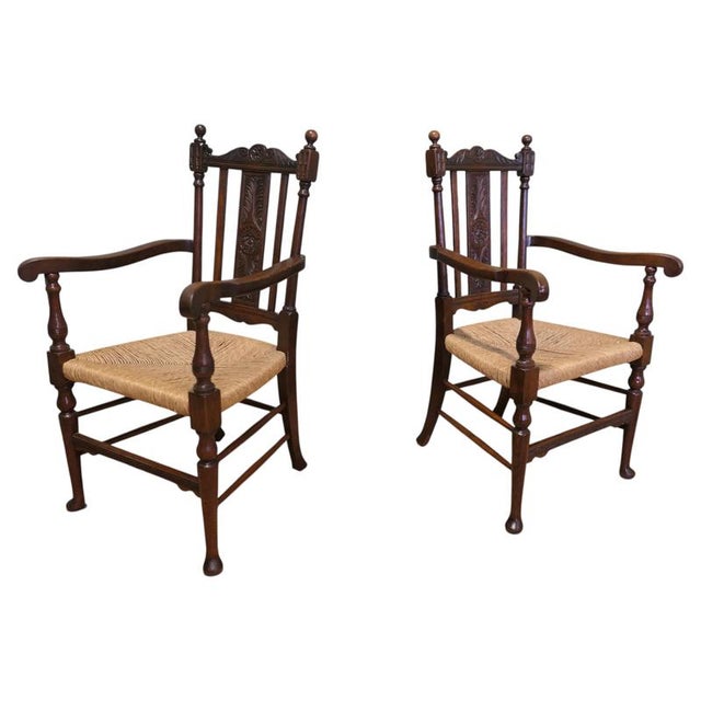 Wood Gothic Carved Oak Carver Chairs, Set of 2 For Sale - Image 7 of 7