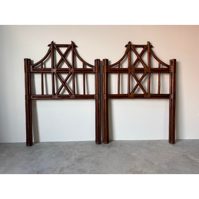 Beautiful pair of vintage McGuire-style bamboo headboards, featuring a rich warm finish and intricately hand-wrapped...
