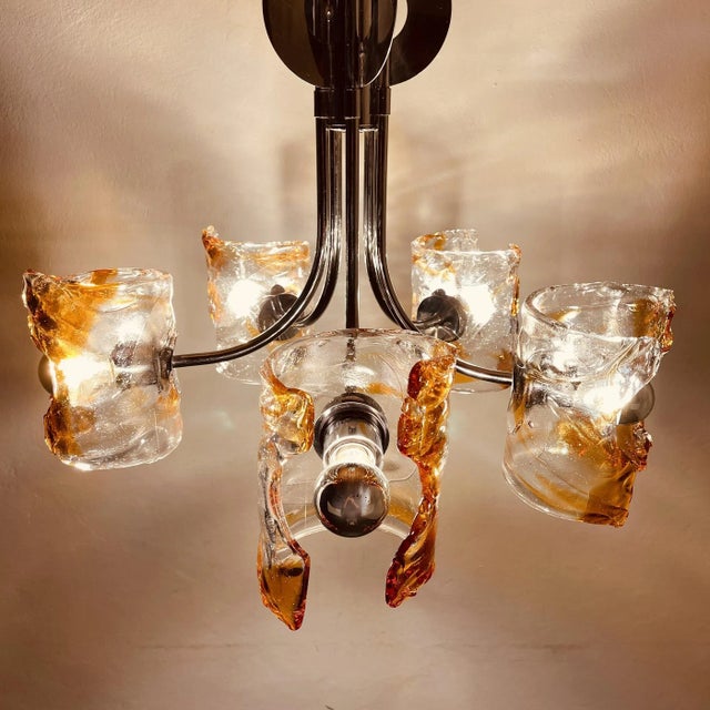 Mid-Century Amber Murano & Chrome Chandelier by Toni Zuccheri for Mazzega, Italy, 1970s For Sale - Image 11 of 15