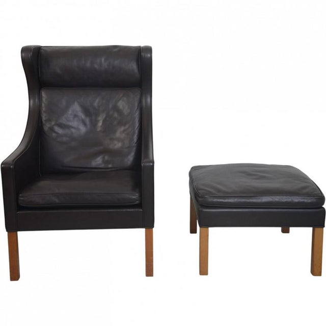 Set of Wing Chair with Ottoman in Black Leather by Børge Mogensen, 1990s For Sale - Image 18 of 18
