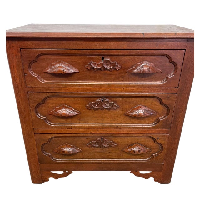 1970s 1970s French Provincial Style Three-Drawer Chest With Carved Leaf Motifs and Dovetail Joinery For Sale - Image 5 of 9