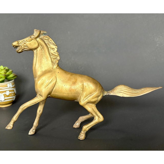 Brass Vintage Brass Horse Sculpture — Large Brass Running Stallion Statue (11" X 8") For Sale - Image 8 of 10