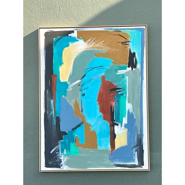 This vintage original abstract painting on canvas presents a dynamic, gestural composition built from confident, layered...