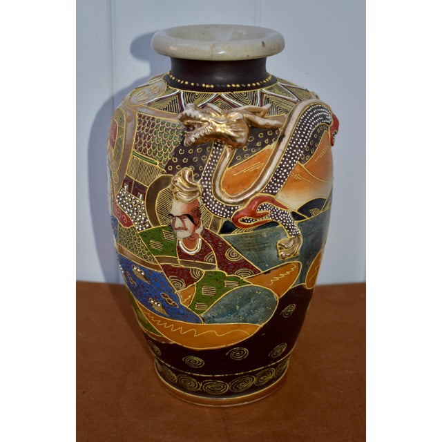 Vintage Japanese Satsuma Moriage Vase Kannon Goddess & Rakan Dragon For Sale - Image 11 of 14