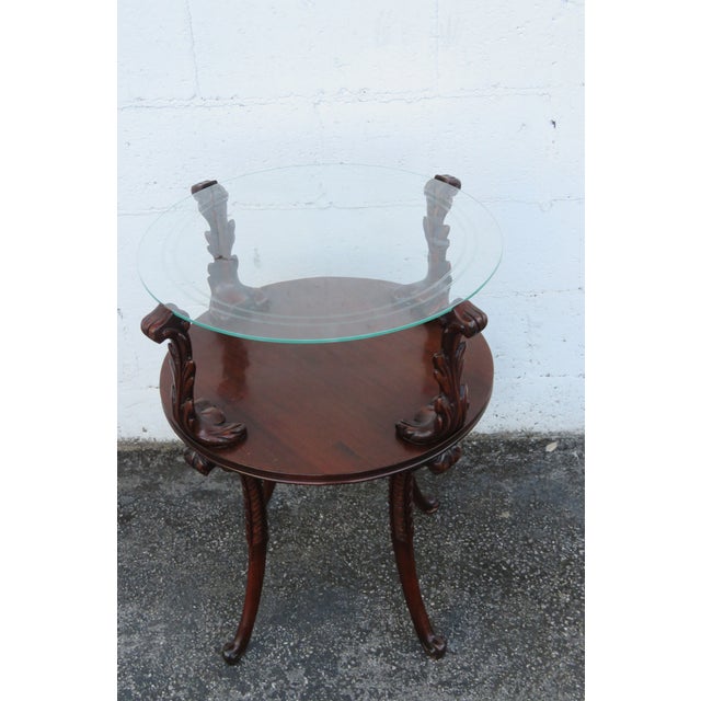 Traditional Hand Carved Round Two Tier Mahogany Glass Top Side End Lamp Table 5762 For Sale - Image 3 of 12