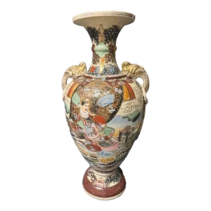 Antique Japanese Satsuma Ceramic Hand Painted Flower Vase, Signed