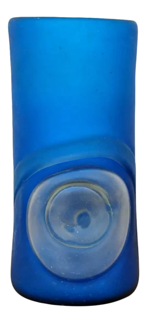 Vintage Frosted Cylindrical Blue and Clear Hand Blown Art Glass Vase