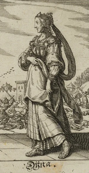 J. Meyer, Noble Woman in Front of Battle Scene, 17th-Century, Etching