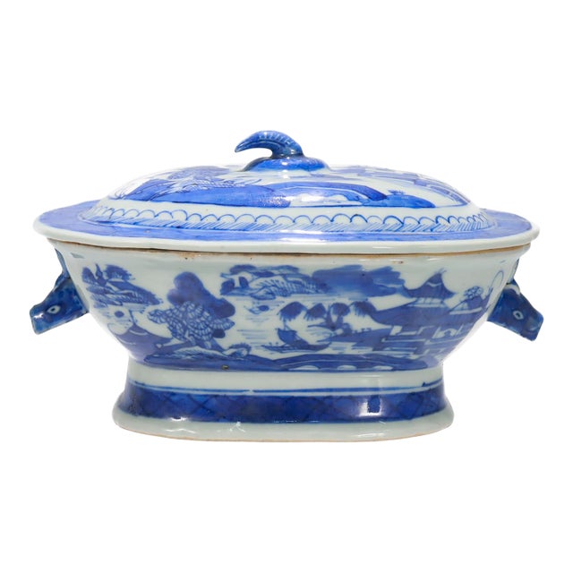 Antique Blue & White Canton Chinese Export Porcelain Miniature Sauce Tureen For Sale