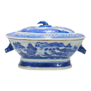 Antique Blue & White Canton Chinese Export Porcelain Miniature Sauce Tureen